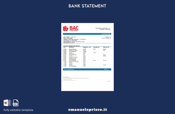 modello word di estratto conto bancario Nicaragua BAC Credomatic in stile verifi